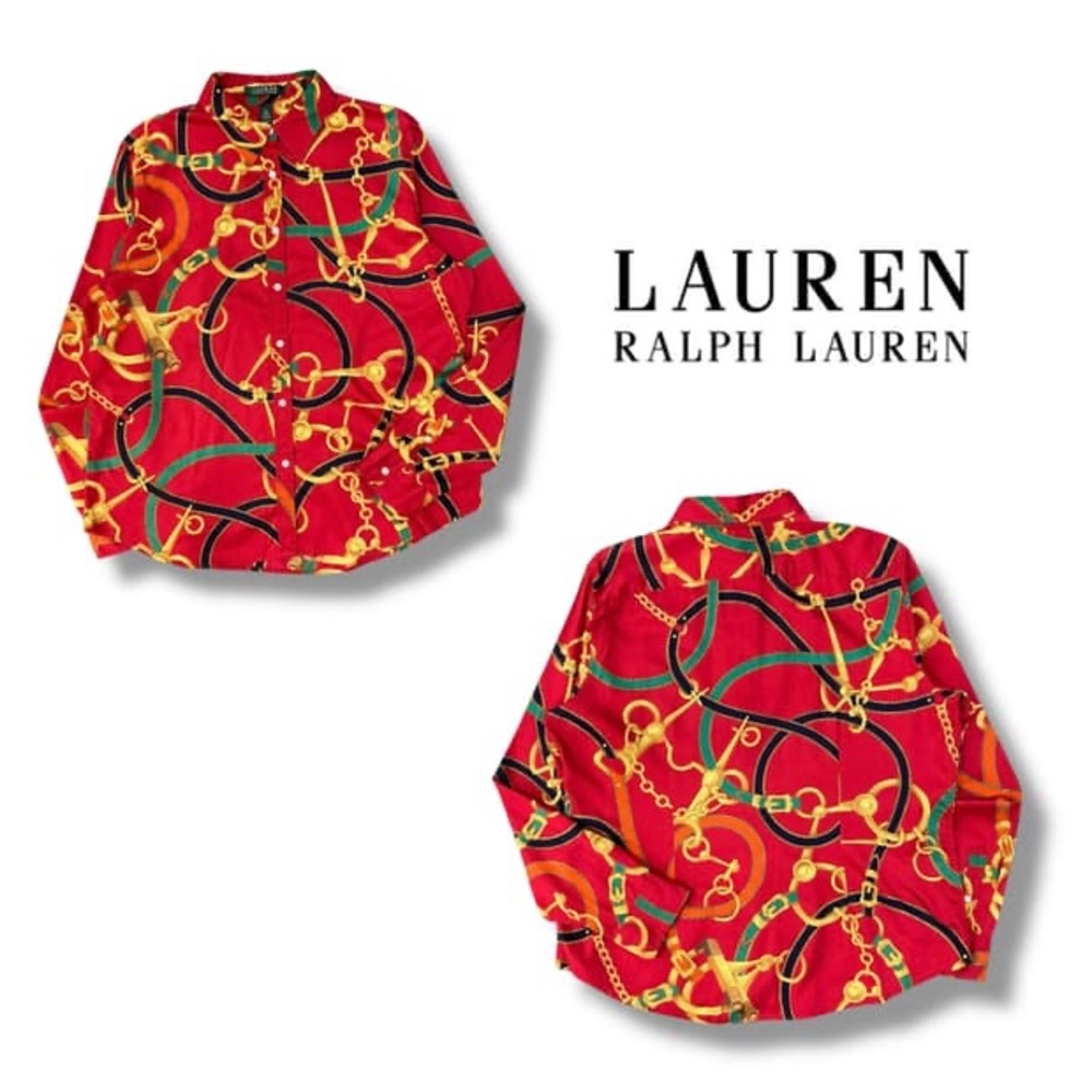Lauren Ralph Lauren Red Chain-Print Women’s 100% Cotton Button-Up Shirt
